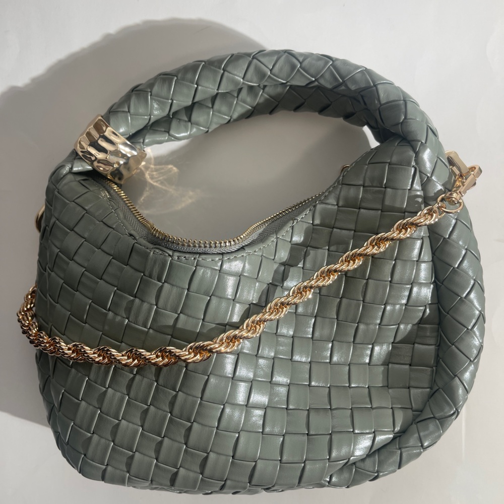Elegant Woven Leather Bag with Gold Chain